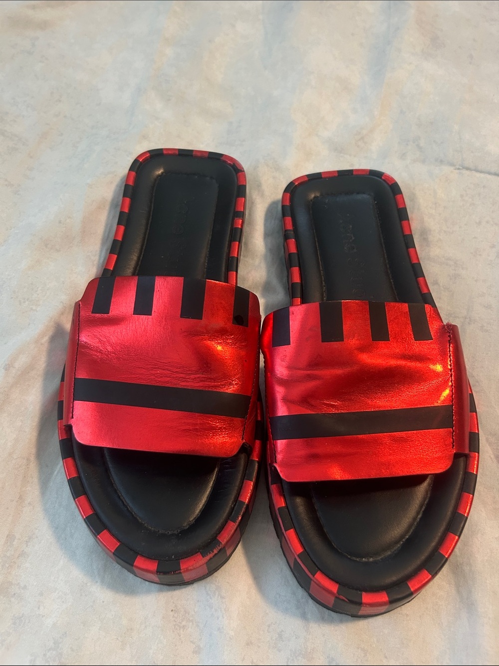 Acne Metallic Red and Black Striped Slide Mules